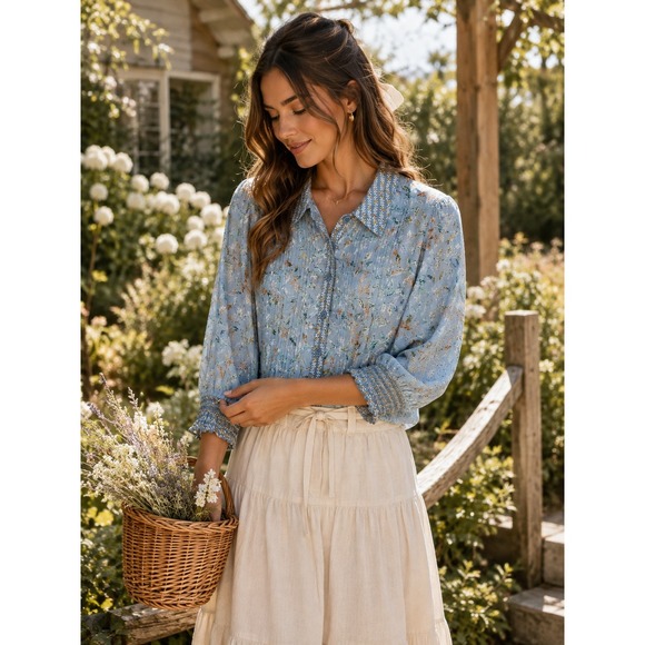 Democracy Tops - Democracy Blue Floral Pintuck Button Front Rayon Blouse Smocked Sleeve Small P
